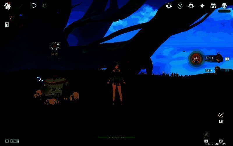 游戏内实拍视角，壶灵阿嘟坐在石台边，周围有微风粒子特效