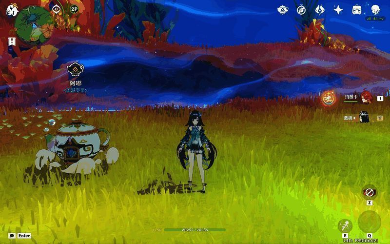 湛波岛实地截图，壶灵阿嘟正位于平台边缘，背景为海景