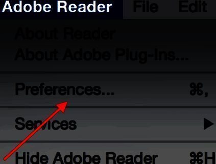 Adobe Reader XI菜单栏中点击Preferences...进入偏好设置选项