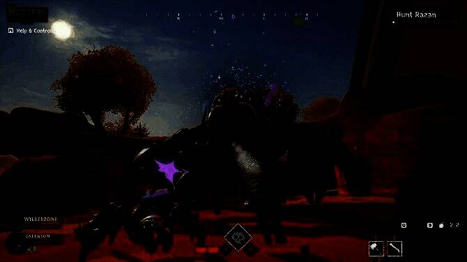 夜晚丛林中的狩猎场景，怪物双眼发出红光，氛围紧张