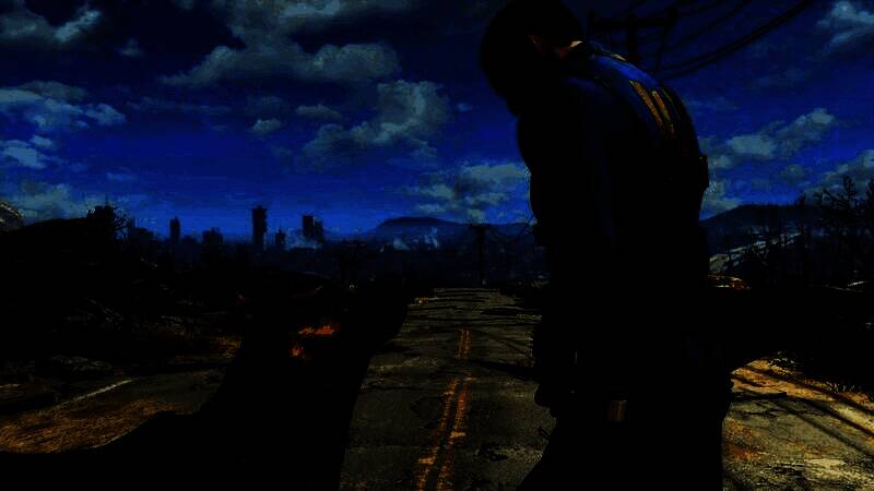 《辐射》系列标志性废土风格场景，荒芜大地、破败建筑与角色身穿动力装甲的经典画面