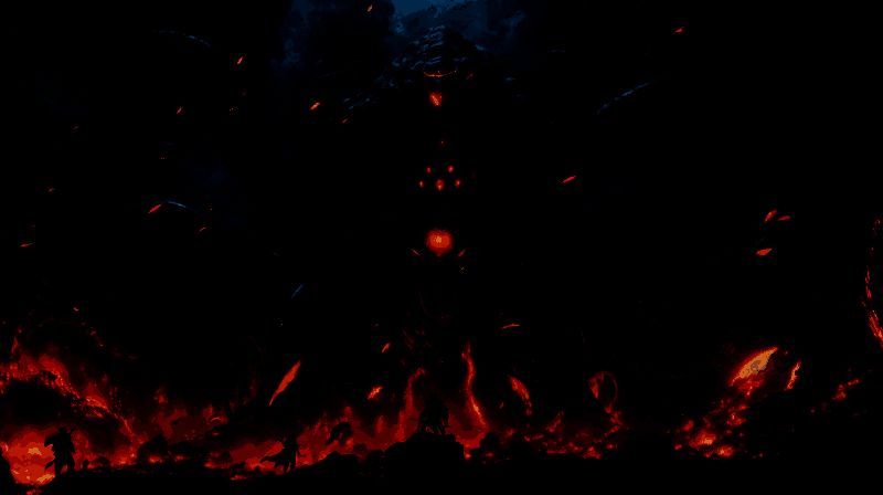 黑暗女士登场场景，背景为破碎的哥特城堡，猩红月光笼罩战场，氛围压抑而神秘