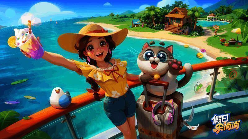 《假日乐消消》游戏中满屏特效爆发的消除瞬间，色彩绚丽，视觉冲击力强