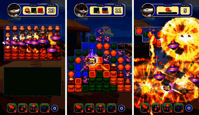 《假日乐消消》中陀螺特效与其他元素组合触发高级消除，画面炫酷，策略感十足