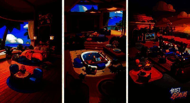 玩家在《假日乐消消》中建造的海岛民宿场景，包含卧室、茶室、花园等，风格清新治愈