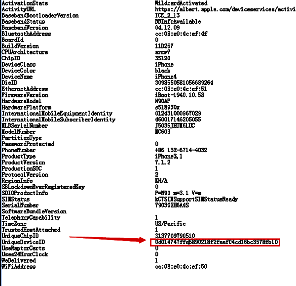 记事本中显示完整的设备信息列表，包含序列号、IMEI、UDID等关键标识