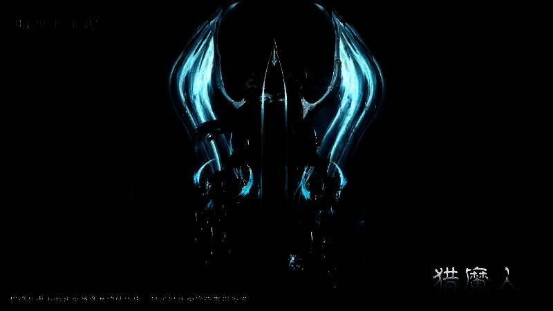 ‘夺魂之镰’双镰武器特写，刃口泛着幽蓝光芒，灵魂能量在镰刃间流动，充满压迫感