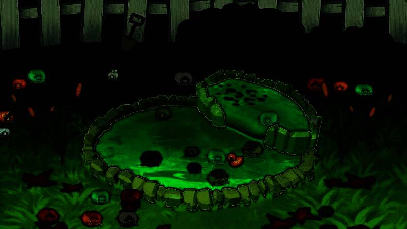 《圆滚滚，丑蛙池塘》游戏主视觉图，画面中一群造型怪异的青蛙聚集在池塘边，背景为被蛙类占据的小镇，整体风格魔性又诙谐