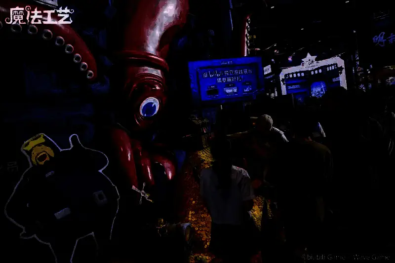 BW2025展会现场，《魔法工艺》展台布置成海底营地风格，巨型大王鱿鱼模型成为打卡热点