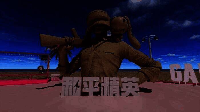 三亚大东海快闪活动现场，粉色沙滩上立着巨大和平精英三级头沙雕，游客正在拍照