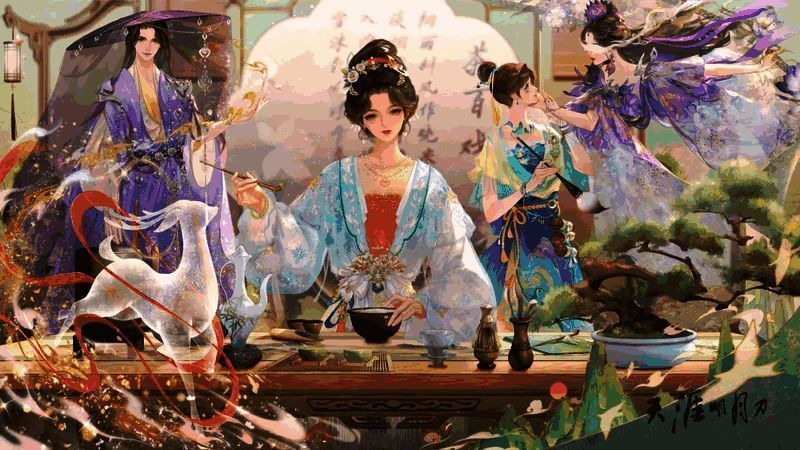 心王·点翠涛外观整体展示，角色身穿青瓷色调长袍，衣饰细腻如釉彩流动，背景融入茶烟袅袅的古典意境