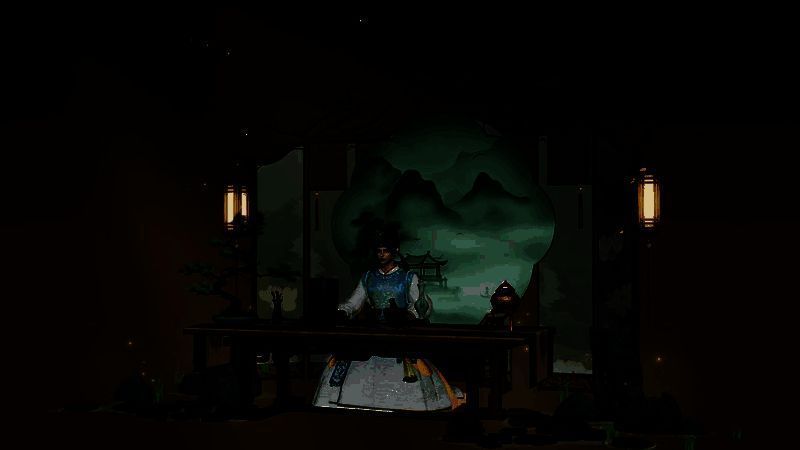 屏风上投影出由茶汤绘制的山水画，云雾缭绕，意境悠远