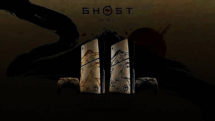 《羊蹄山之魂》限定版DualSense手柄特写，手柄表面印有金色武士面具图案，肩键处带有红色浮世绘波浪纹饰