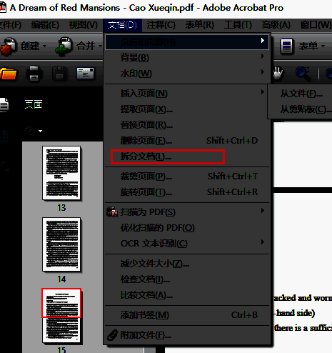 Adobe Acrobat工具菜单中高亮显示‘拆分文档’选项，鼠标指针正指向该功能