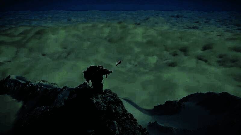 偶人站在悬崖边，手指前方，嘴巴张开似乎正在说话，背景是灰暗的天空与废弃城市