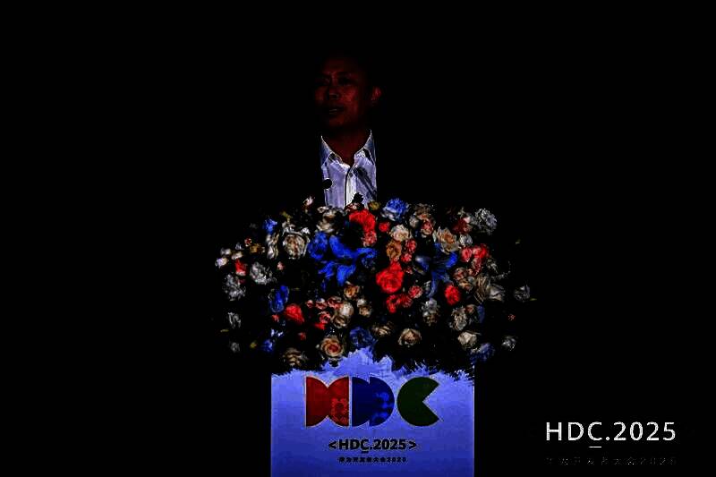 敖然在HDC 2025分论坛发表演讲，背景为‘鸿蒙赋能游戏产业’主题画面