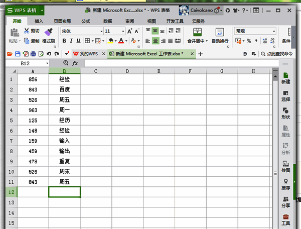 Excel单元格中填写了多个带有重复项的词组和数字，用于测试高亮功能