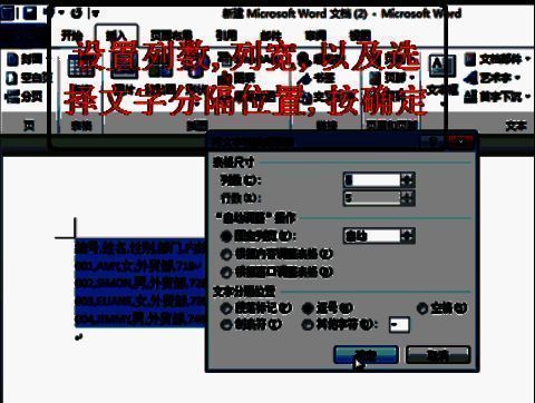 文本转换为表格的设置界面，明确标注‘列数’和‘分隔符选择逗号’的选项