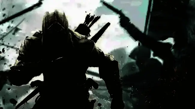 Alex Hutchinson在采访中的肖像照，背景为《刺客信条》与《孤岛惊魂》游戏画面拼接