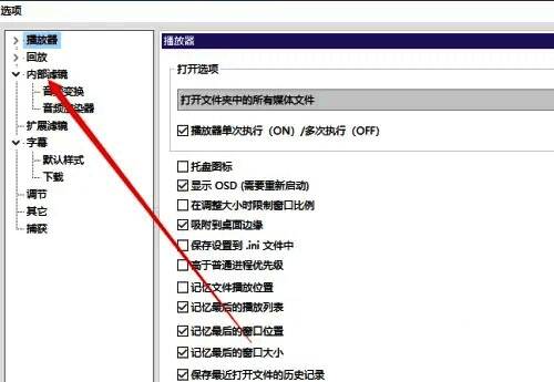 内部滤镜设置页面，列出音频和视频相关滤镜选项，界面清晰直观