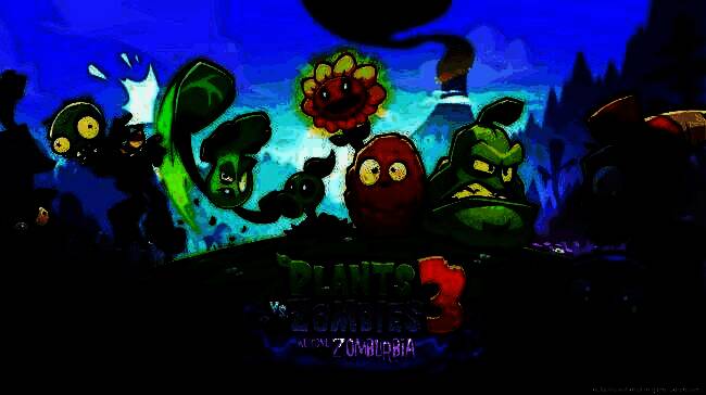 《植物大战僵尸》经典游戏画面，草坪上豌豆射手正在对抗进攻的僵尸群