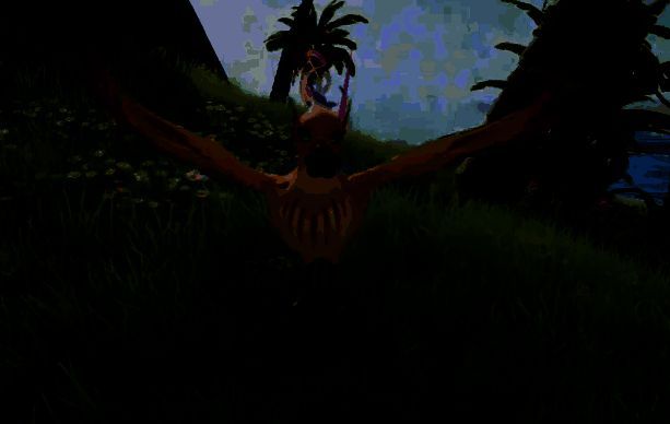 小号鸥在密林中围绕一处发光藤蔓盘旋，提示玩家前方有隐藏入口