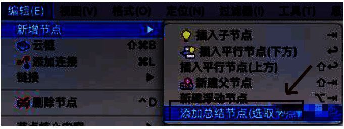 Freeplane中不同颜色标记的节点分组清晰，提示用户不可跨组添加总结节点