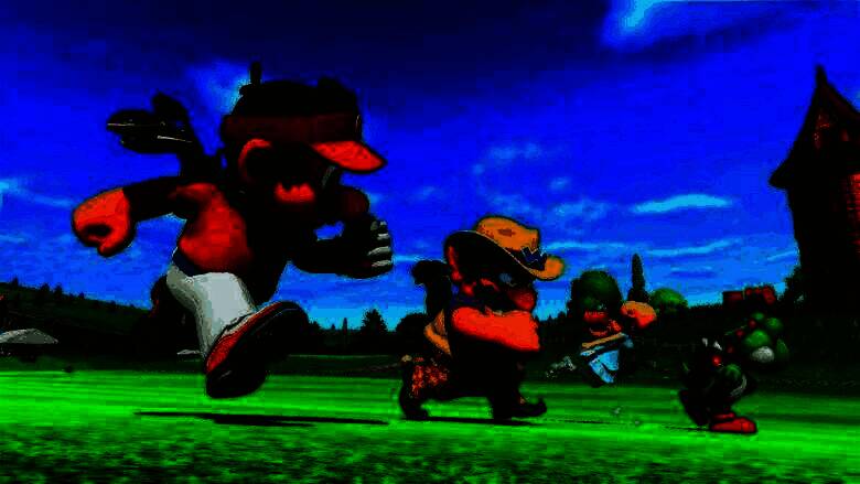 Camelot工作室外观与开发环境示意图，背景为任天堂风格的游戏画面投影