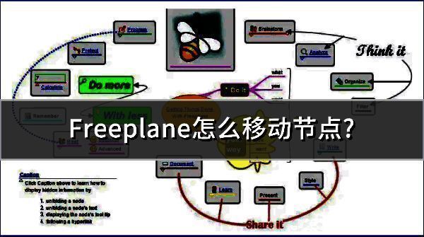 Freeplane界面展示，主界面中思维导图节点布局清晰，箭头标注了可移动的节点位置