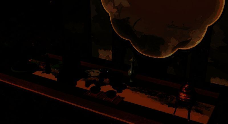 玩家角色正在使用【茶戏】动作，手持茶筅搅动茶汤，桌面上摆放整套宋代点茶器具