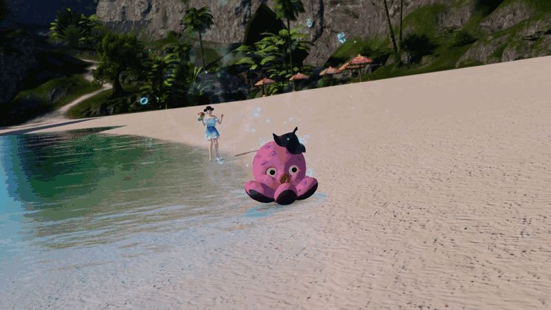 一名少侠被水枪击中后变成圆滚滚的小章鱼，在沙滩上翻滚挣扎，周围角色笑作一团