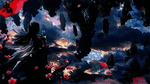 经典角色群像展示，鬼厉手持噬魂棒，陆雪琪执天琊剑，碧瑶笑容温婉，背景为焚香谷夜景