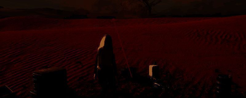 玩家角色站在沙漠雕塑前，镜头对准雕塑脚下的发光物品——星之泪，背景为金色沙丘与远处巨大框架残骸