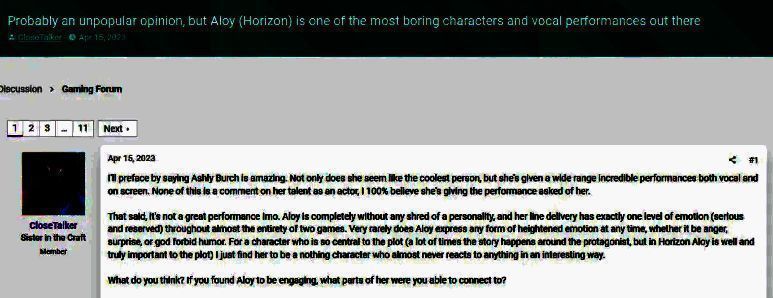 游戏内过场动画截图，埃洛伊面对重大变故时面部表情平静，眼神坚定但缺乏情绪层次