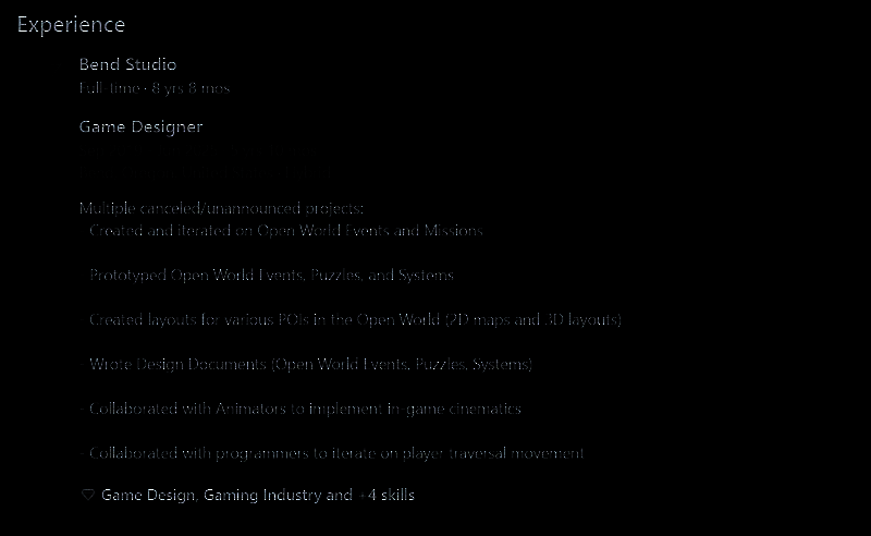 Jacob Fieth在LinkedIn上的个人资料截图，突出显示其参与多个被取消项目的描述