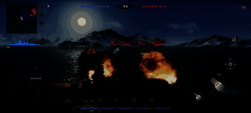 玩家第一人称视角下操控战列舰主炮瞄准敌舰，屏幕上显示弹道预判线与距离参数