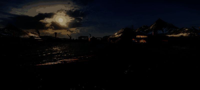 “俾斯麦”号战列舰在夕阳海面上航行，炮塔缓缓转动，远处敌舰轮廓若隐若现