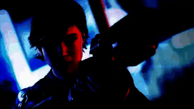 《完美黑暗》实机画面截图，主角在霓虹灯光下穿梭于高科技建筑之间，枪战特效绚丽