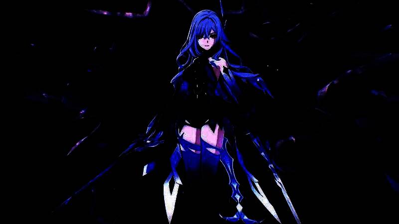 丝柯克角色立绘，身披暗色战甲，手持双刃，眼神冷峻，周身环绕着冰蓝色的能量光晕