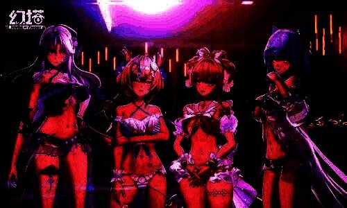 三位女性角色站在海边礁石上展示不同风格的泳装，背景阳光明媚，海浪翻涌