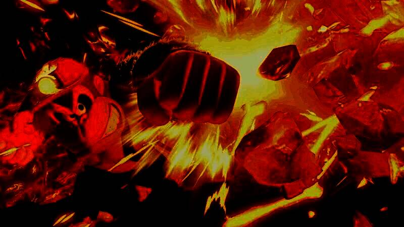 《咚奇刚：蕉力全开》战斗场景中的命中停顿效果展示，角色击碎障碍物瞬间画面定格，视觉冲击强烈