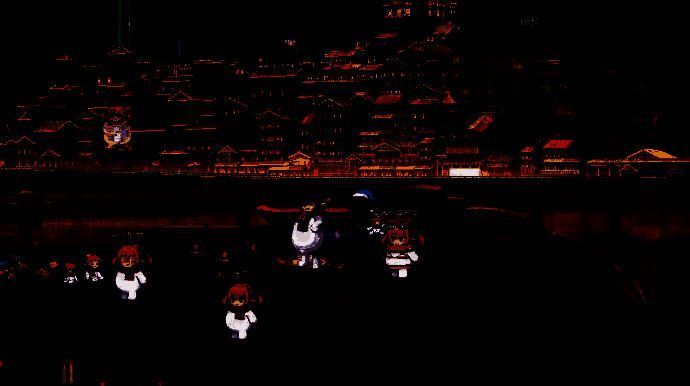 游戏画面中像素风格的洪崖洞灯火通明，角色在吊脚楼间跳跃穿梭，背景是长江与桥梁的夜景