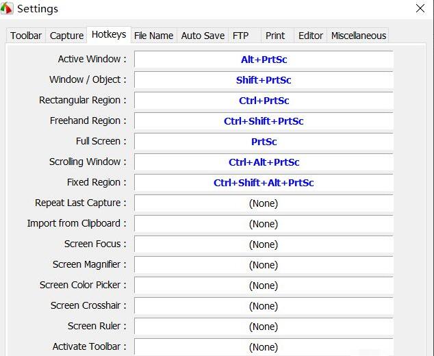 Hotkeys设置界面，左侧为功能列表，右侧显示对应快捷键，界面清晰明了