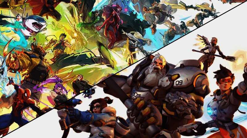 《漫威争锋》游戏对战场面，多名漫威超级英雄在城市废墟中激烈交火，技能特效绚丽