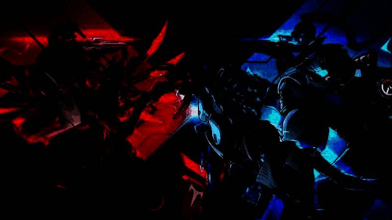 《守望先锋2》新竞技场模式实机画面，多名英雄在小型地图中快速交战，界面显示强化效果叠加状态