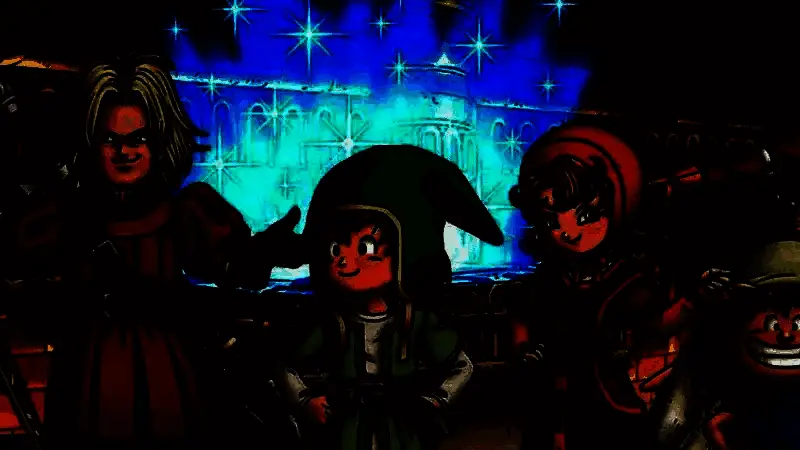 《勇者斗恶龙7》经典游戏画面，主角团队在广阔世界中探索，背景为古老神殿与浮空岛屿