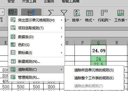 条件格式菜单中‘清除规则’选项被展开，支持清除选定单元格或整表规则