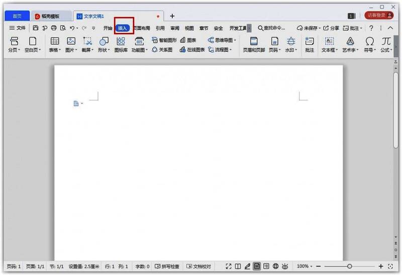 WPS顶部菜单栏高亮显示“插入”标签，下方功能图标排列整齐
