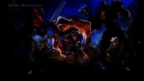 《王国纪元》×《环太平洋》联动主视觉图，机甲与魔法战士并肩而立，背景为破碎的城市与闪耀的能量光束