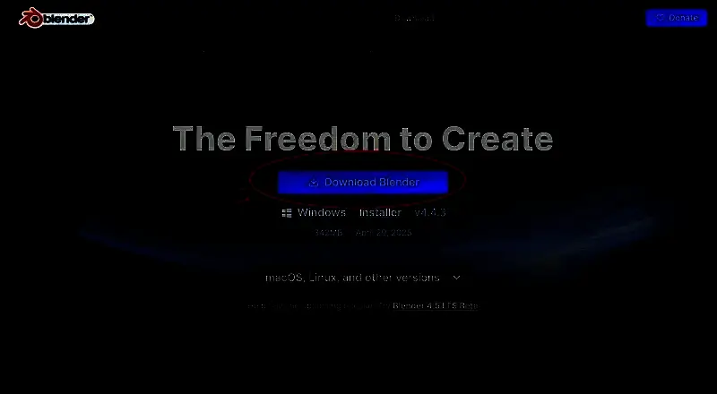 Blender官网下载页面截图，页面中央有蓝色下载按钮，下方列出各平台版本信息